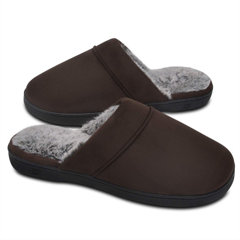 DL Men's Memory Foam Slippers with Fuzzy Plush Lining, Dark Brown, 9-10 - Image 1
